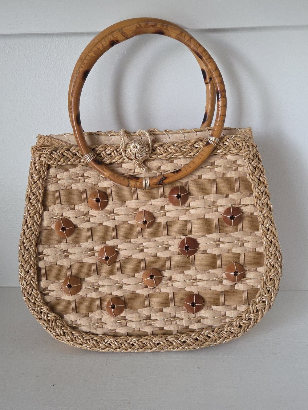 Vintage Mid-Century Woven Straw Handbag with Bamboo Handles & Wood Beads